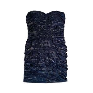 Entry Strapless Bodycon‎ Dress Medium Y2K Black Gold Ruched Animal Print Mini